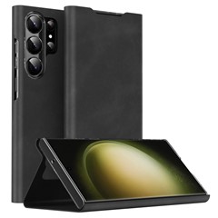 For Samsung Galaxy S23 Ultra Card Holder PU Leather + PC Phone Case Nappa Texture Stand Cover - Black