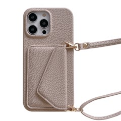 For iPhone 15 Pro Litchi Texture Anti-fall Cover PU Leather+PC Card Bag Phone Case with Shoulder Strap - Camel