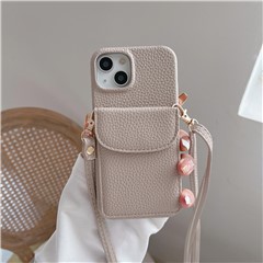 Crossbody Phone Case for iPhone 15 , Card Holder PU Leather Coated PC Cover with Shoulder Strap - Light Khaki