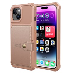 For iPhone 15 Plus Card Slots Wallet Phone Case PU Leather+TPU Anti-fall Cover Support Magnetic Car Mount - Pink