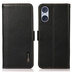 KHAZNEH For Sony Xperia 5 V RFID Blocking Genuine Cow Leather Wallet Cover Litchi Texture Phone Stand Case - Black
