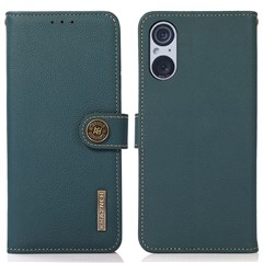 KHAZNEH Flip Case for Sony Xperia 5 V RFID Blocking Genuine Cow Leather Stand Wallet Phone Cover - Green