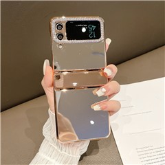 For Samsung Galaxy Z Flip3 5G Hard PC Case Mirror Surface Shockproof Phone Cover with Rhinestone Decorated Lens Frame