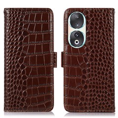 RFID Blocking Case for Honor 90 Genuine Cow Leather Phone Wallet Cover with Stand - Brown