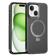 For iPhone 15 Plus Breathable Heat Dissipation Phone Case Kickstand Rubberized TPU Magnetic Cover - Black