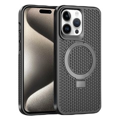 For iPhone 15 Pro Heat Dissipation Rubberized TPU Case Kickstand Magnetic Protective Phone Cover - Black