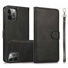 For iPhone 15 Pro Max Magnetic Absorption Detachable Phone Case PU Leather Stand Wallet Cover - Black