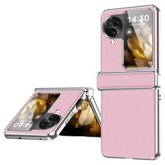 For Oppo Find N3 Flip 5G Hinge Design PU Leather Coated PC Case Electroplating Litchi Texture Phone Cover - Pink