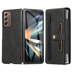 For Samsung Galaxy Z Fold2 5G Full Protection PC + PU Leather Phone Case Card Slot Glass Film Cover Shell with Stylus - Black