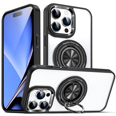 For iPhone 15 Pro Max PC + TPU + Acrylic Phone Case Ring Kickstand Transparent Cover Compatible with MagSafe - Black
