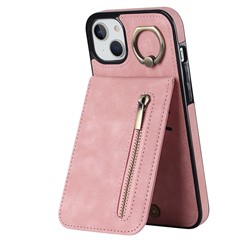For iPhone 13 / 14 6.1 inch Phone Case RFID Blocking Wallet Retro PU+TPU Kickstand Cover - Pink
