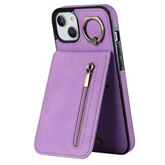 For iPhone 15 RFID Blocking Wallet Anti-scratch Phone Case Retro PU+TPU Cellphone Kickstand Cover - Purple