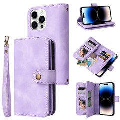 For iPhone 15 Pro Leather Case Zipper Pocket Wallet Protective Phone Cover with Straps - Purple