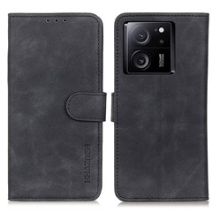 KHAZNEH For Xiaomi 13T / 13T Pro / Redmi K60 Ultra Case Stand Phone Cover PU Leather Retro Texture Shell - Black