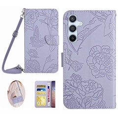 HT03 For Samsung Galaxy A05s 4G Case PU Leather Imprinted Phone Stand Cover with Shoulder Strap - Purple