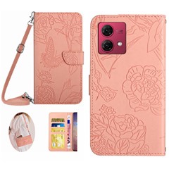 HT03 For Motorola Edge 40 Neo 5G Case Imprinted Leather Phone Cover with Shoulder Strap - Pink