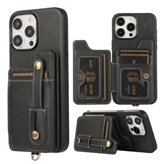 Style 01 For iPhone 14 Pro Case Card Holder Cowhide Texture PU Leather+TPU Phone Cover - Black