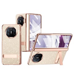 For Huawei Mate X5 Case Kickstand Leather+PC Electroplating Phone Cover with Tempered Glass Film - Gold