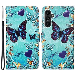 For Samsung Galaxy A15 4G Leather Case with Strap and Card Holder Pattern Printing Phone Stand Cover - Butterfly and Heart