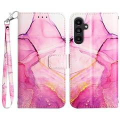 For Samsung Galaxy A05s 4G Case with Strap Marble Pattern Leather Phone Cover Card Holder - Pink+Purple+Gold LS001