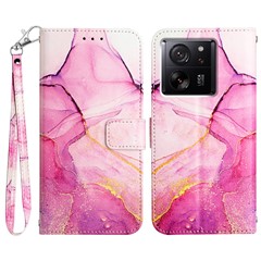 For Xiaomi 13T / 13T Pro / Redmi K60 Ultra Case with Strap Marble Pattern Leather Phone Cover Card Holder - Pink+Purple+Gold LS001