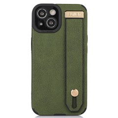 For iPhone 14 Case Retractable Strap Kickstand PU Leather Coated TPU Phone Cover - Green
