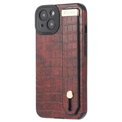 For iPhone 15 Case Crocodile Texture Wristband Kickstand Leather+TPU Phone Cover - Red