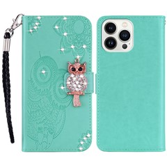 For iPhone 15 Pro Max Leather Case Rhinestone Decor Owl Pattern Phone Stand Wallet Cover - Cyan