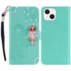 For iPhone 15 Case Imprinted Owl Flower Rhinestone PU Leather Phone Wallet Cover - Cyan