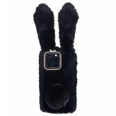 For iPhone 15 Pro Fluffy 3D Bunny Ears Cover Winter Warm Soft TPU Phone Case - Black