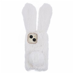 For iPhone 15 Plus 3D Bunny Ears Fluffy Case Soft TPU Furry Warm Winter Phone Cover - White
