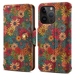 For iPhone 15 Pro Max Case Flower Printing Leather Wallet Flip Stand Phone Cover - Spring