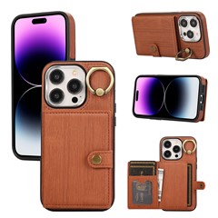 For iPhone 14 Pro Max Case Ring Kickstand Brushed PU Leather+TPU Anti-drop Phone Cover - Brown