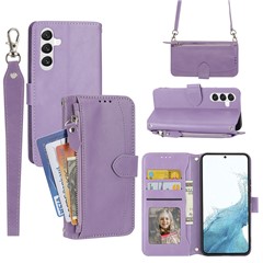 For Samsung Galaxy A25 5G (Global) (161.0 x 76.5 x 8.3mm) Case Zipper Pocket Anti-fall Leather Stand Phone Shell with 2 Straps - Purple