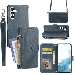 For Samsung Galaxy S23 FE Case Zipper Wallet PU Leather Stand Cell Phone Cover with 2 Straps - Blue
