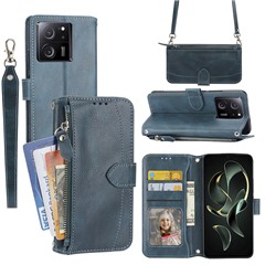 For Xiaomi Redmi K60 Ultra / 13T / 13T Pro Case Shockproof Leather Wallet Phone Cover with Long and Short Straps - Blue