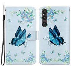 For Sony Xperia 1 V Case PU Leather Protective Wallet Phone Cover - Blue Butterfly Flower