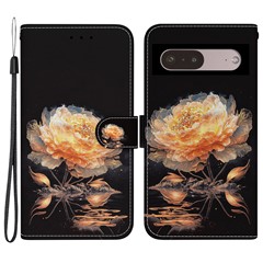 For Google Pixel 7 Pro 5G Case Pattern PU Leather Folio Stand Phone Cover - Gold Peony