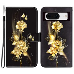 For Google Pixel 8 Case Pattern Folio PU Leather Stand Protective Phone Cover - Gold Butterfly Rose