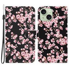 For iPhone 15 Plus Phone Case PU Leather Wallet Magnetic Folio Cover - Plum Blossom