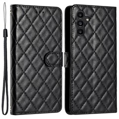 For Samsung Galaxy A15 4G Leather Case Rhombus Stitching Line Phone Cover - Black