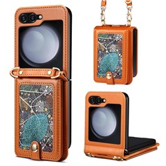 For Samsung Galaxy Z Flip5 5G Case PU Leather + PC Phone Cover with Card Holder - Khaki