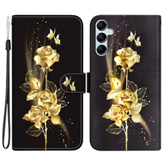 For Samsung Galaxy A15 4G Case 3D Pattern PU Leather Flip Shockproof Cover - Gold Butterfly Rose