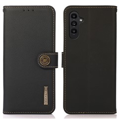 KHAZNEH For Samsung Galaxy A15 4G Case Genuine Cow Leather RFID Blocking Phone Stand Cover - Black