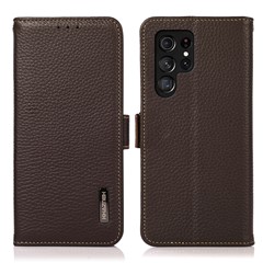 KHAZNEH For Samsung Galaxy S24 Ultra Phone Case Genuine Cow Leather Wallet Stand Cover - Brown