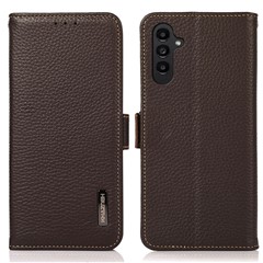 KHAZNEH For Samsung Galaxy S25+ / S24+ Cover RFID Blocking Genuine Cow Leather Phone Shell - Brown