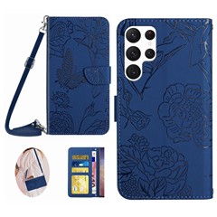HT03 For Samsung Galaxy S24 Ultra Case Cell Phone Imprinted PU Leather Cover with Long Strap - Blue