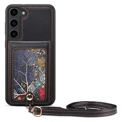 For Samsung Galaxy S24 Case Pattern Printed Card Holder Leather+TPU Phone Cover - Black