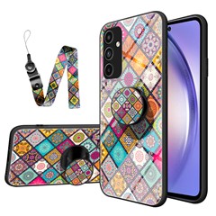 For Samsung Galaxy A15 4G Kickstand Case Tempered Glass+PC+TPU Cover with Lanyard - Checkered Pattern