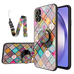 For Samsung Galaxy A05 4G Case Flower Pattern Kickstand Cover with Lanyard - Checkered Pattern